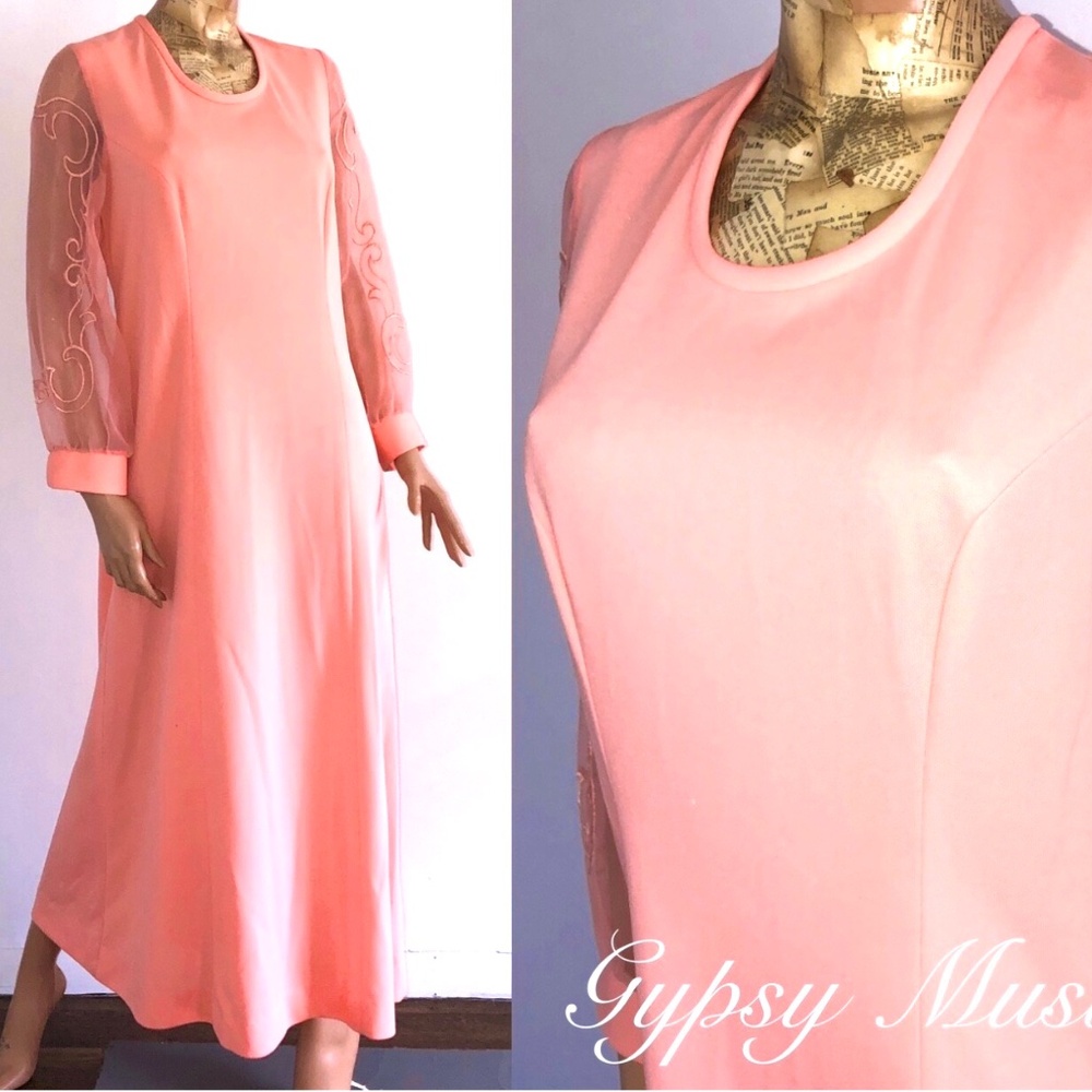 60s MYRETTE Union Made Poly Maxi MOD Hostess Dress~ Salmon Pink~Sheer Sleeves~L